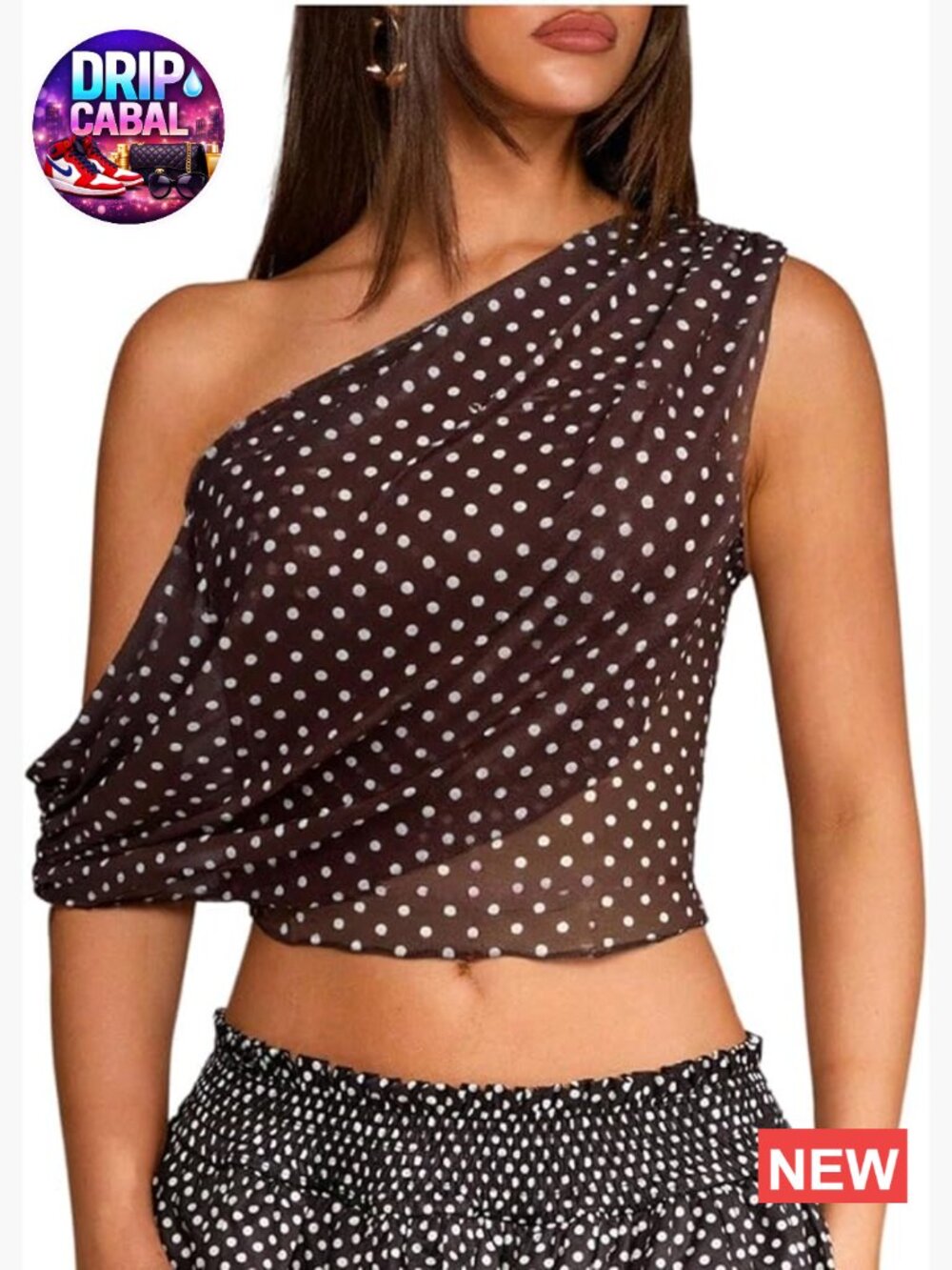 Off The Shoulder Crop Top Polka Dots Sheer Mesh Sleeveless Y2K Party Wear
